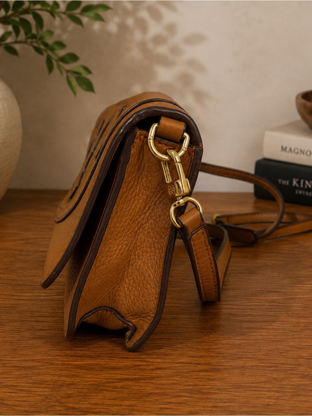 Tory Burch All T Combo Brown Pebbled Leather Crossbody Shoulder Bag Purse - Picture 3 of 6